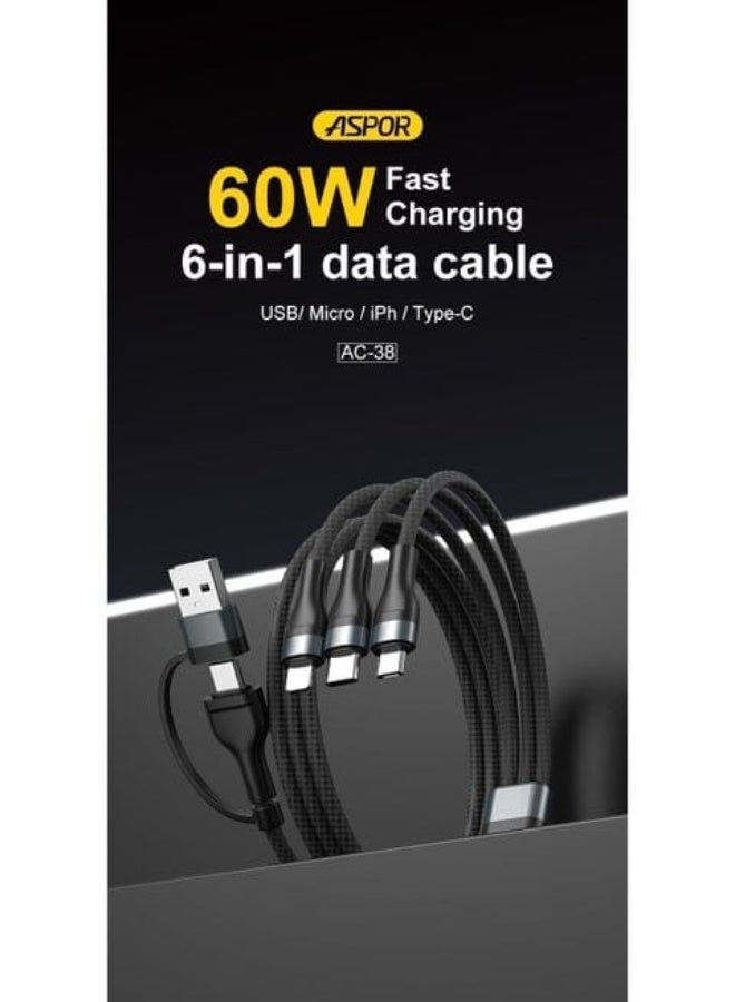أسبور كابل الشحن السريع متعدد المنافذ Aspor AC-38 6 في 1، USB-A و USB-C - 60 واط - Image 4